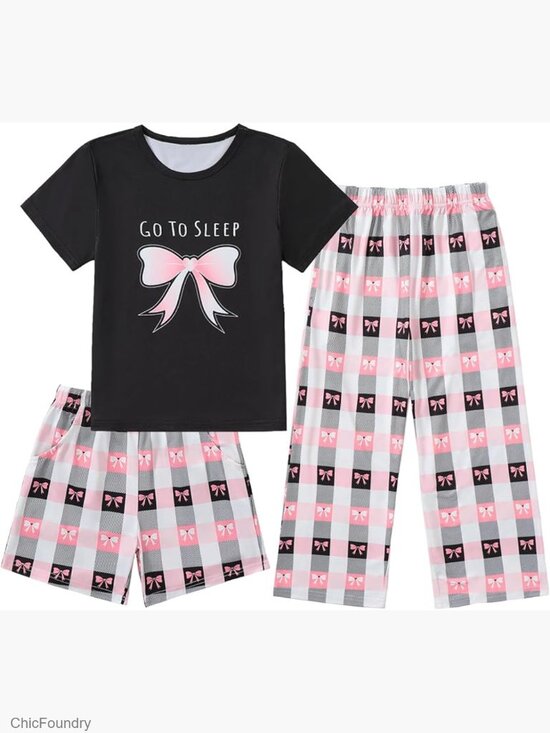 Other - Girls Pajama Set Short Sleeve Top Long Pants Shorts 3-Piece Sleepwear with